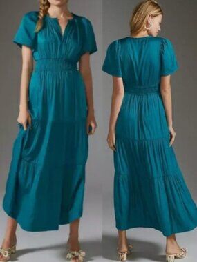 Anthropologie Somerset Maxi Dress in Turquoise Lumensilk 2X